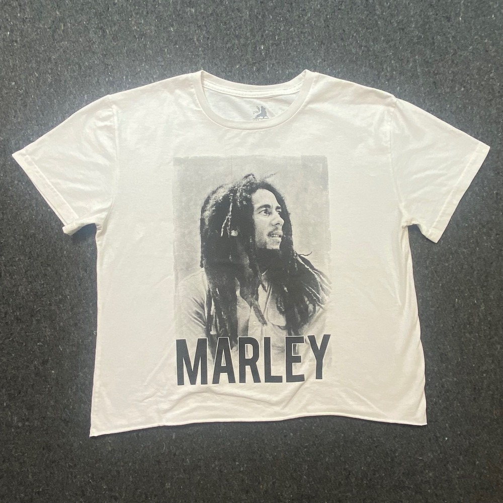 Zion Rootswear Reggae Mens L White Bob Marley Graphic Crop‎ Raw Hem T-Shirt Tee